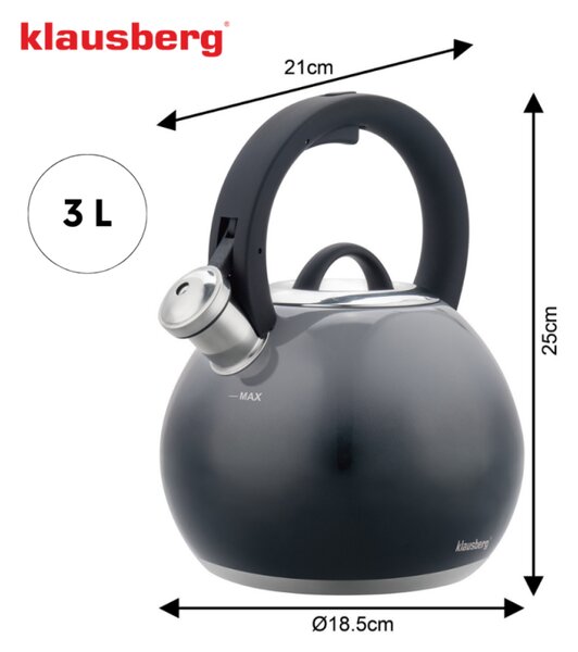 Свирещ чайник Klausberg KB 7955, 3l, Термоизолирана дръжка, Многослойно дъно, Индукция, Тъмносив графит