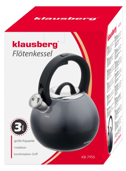 Свирещ чайник Klausberg KB 7955, 3l, Термоизолирана дръжка, Многослойно дъно, Индукция, Тъмносив графит