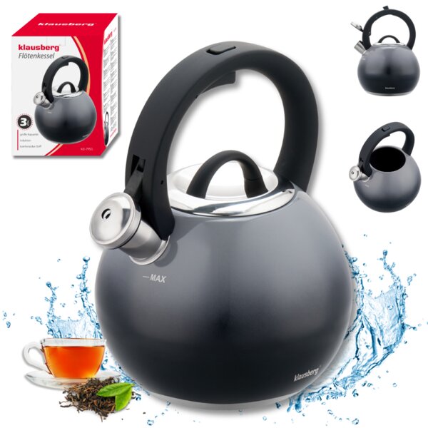 Свирещ чайник Klausberg KB 7955, 3l, Термоизолирана дръжка, Многослойно дъно, Индукция, Тъмносив графит