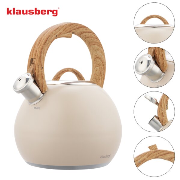 Свирещ чайник Klausberg KB 7956, 3l, Термоизолирана дръжка, Многослойно дъно, Индукция, Бежов