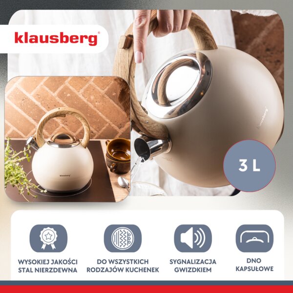 Свирещ чайник Klausberg KB 7956, 3l, Термоизолирана дръжка, Многослойно дъно, Индукция, Бежов