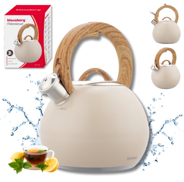 Свирещ чайник Klausberg KB 7956, 3l, Термоизолирана дръжка, Многослойно дъно, Индукция, Бежов