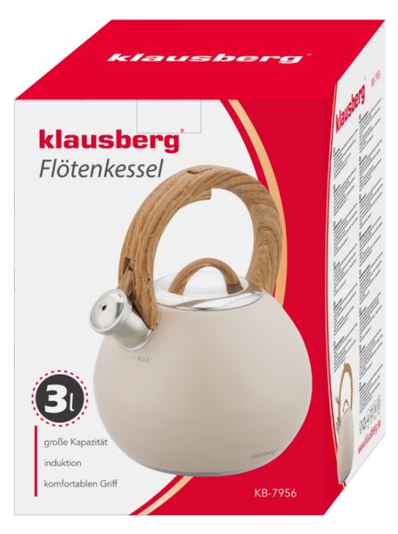 Свирещ чайник Klausberg KB 7956, 3l, Термоизолирана дръжка, Многослойно дъно, Индукция, Бежов