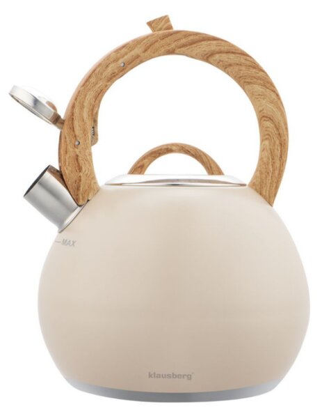 Свирещ чайник Klausberg KB 7956, 3l, Термоизолирана дръжка, Многослойно дъно, Индукция, Бежов