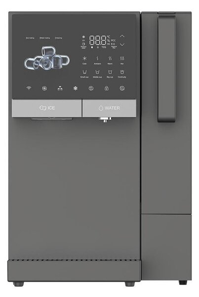 Диспенсър за вода с ледогенератор ELIXIR Ice, 2100W, Затопляне 18 л/ч, Охлаждане 2.5 л/ч, 4-90°C, 3 степенна филтрация, Тъчскрийн, UVC, Компресорен, Тъмносив