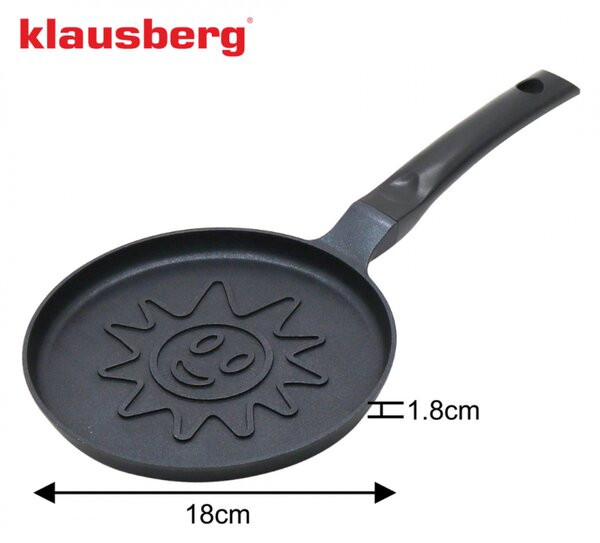 Тиган за палачинки Klausberg KB 7972, 18 см, Релефно дъно със слънце, Незалепващо покритие, Без PFOA, Индукция, Черен