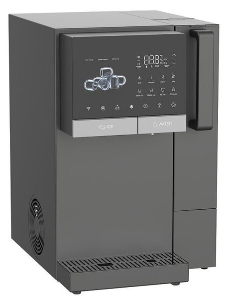 Диспенсър за вода с ледогенератор ELIXIR Ice, 2100W, Затопляне 18 л/ч, Охлаждане 2.5 л/ч, 4-90°C, 3 степенна филтрация, Тъчскрийн, UVC, Компресорен, Тъмносив