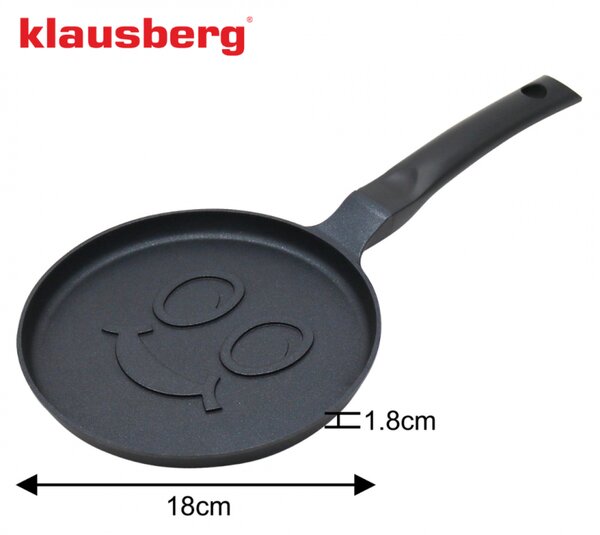 Тиган за палачинки Klausberg KB 7971, 18 см, Релефно дъно с усмивка, Незалепващо покритие, Без PFOA, Индукция, Черен