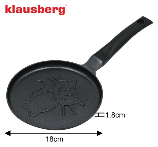Тиган за палачинки Klausberg KB 7973, 18 см, Релефно дъно с котенце, Незалепващо покритие, Без PFOA, Индукция, Черен