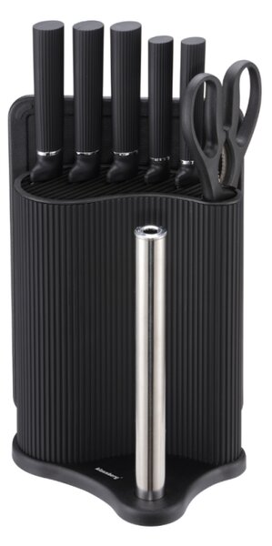 Комплект ножове Klausberg KB 7977, 8 части, Неръждаема стомана, Стойка, Държач за кухненска хартия, Черен