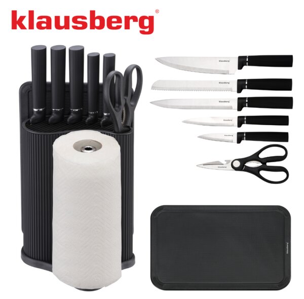 Комплект ножове Klausberg KB 7977, 8 части, Неръждаема стомана, Стойка, Държач за кухненска хартия, Черен