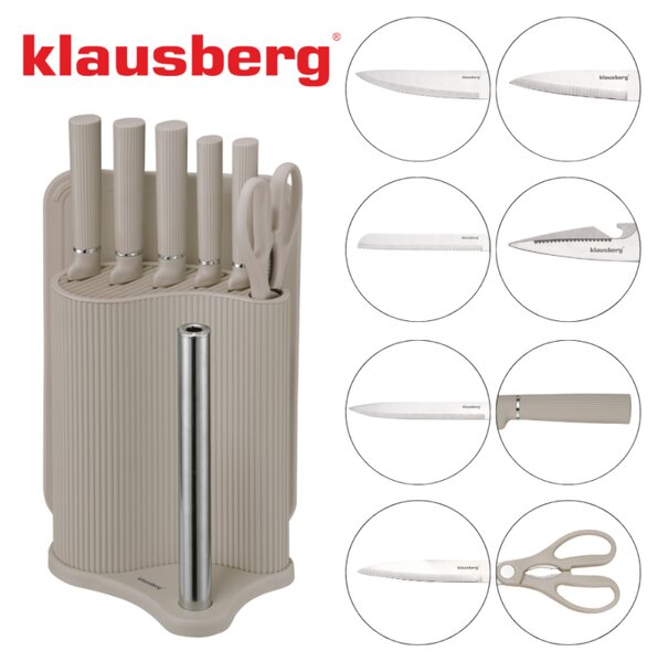 Комплект ножове Klausberg KB 7978, 8 части, Неръждаема стомана, Стойка, Държач за кухненска хартия, Бежов