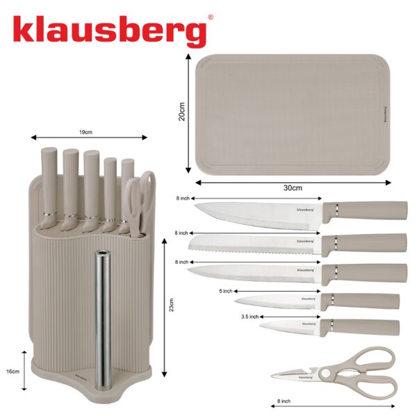 Комплект ножове Klausberg KB 7978, 8 части, Неръждаема стомана, Стойка, Държач за кухненска хартия, Бежов