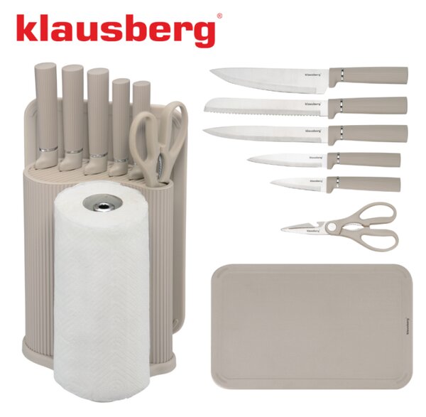 Комплект ножове Klausberg KB 7978, 8 части, Неръждаема стомана, Стойка, Държач за кухненска хартия, Бежов