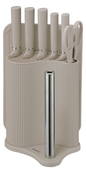Комплект ножове Klausberg KB 7978, 8 части, Неръждаема стомана, Стойка, Държач за кухненска хартия, Бежов