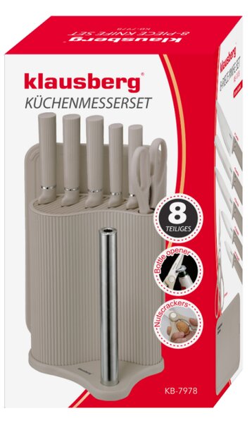Комплект ножове Klausberg KB 7978, 8 части, Неръждаема стомана, Стойка, Държач за кухненска хартия, Бежов