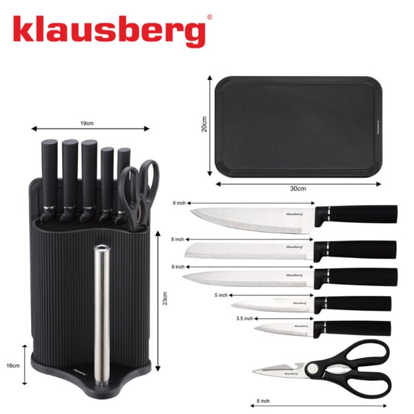 Комплект ножове Klausberg KB 7977, 8 части, Неръждаема стомана, Стойка, Държач за кухненска хартия, Черен