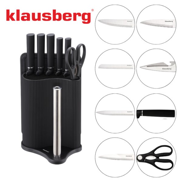 Комплект ножове Klausberg KB 7977, 8 части, Неръждаема стомана, Стойка, Държач за кухненска хартия, Черен