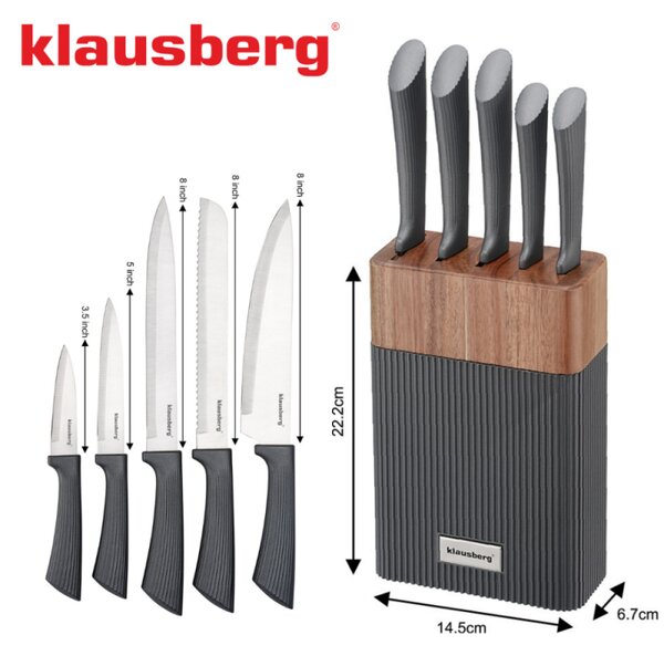 Комплект ножове Klausberg KB 7979, 6 части, Неръждаема стомана, Стойка, Графит/кафяв