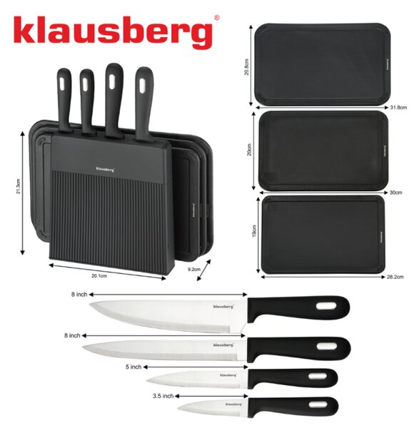 Комплект ножове и дъски за рязане Klausberg KB 7980, 8 части, Неръждаема стомана, Стойка, Черен/инокс