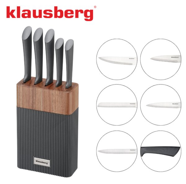 Комплект ножове Klausberg KB 7979, 6 части, Неръждаема стомана, Стойка, Графит/кафяв