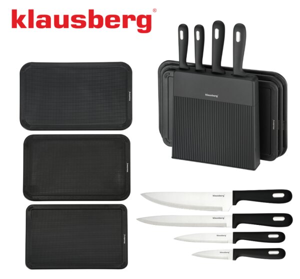 Комплект ножове и дъски за рязане Klausberg KB 7980, 8 части, Неръждаема стомана, Стойка, Черен/инокс