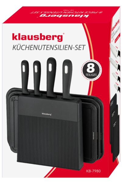Комплект ножове и дъски за рязане Klausberg KB 7980, 8 части, Неръждаема стомана, Стойка, Черен/инокс