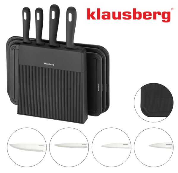 Комплект ножове и дъски за рязане Klausberg KB 7980, 8 части, Неръждаема стомана, Стойка, Черен/инокс