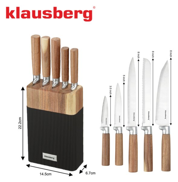 Комплект ножове Klausberg KB 7981, 6 части, Неръждаема стомана, Стойка, Кафяв/графит