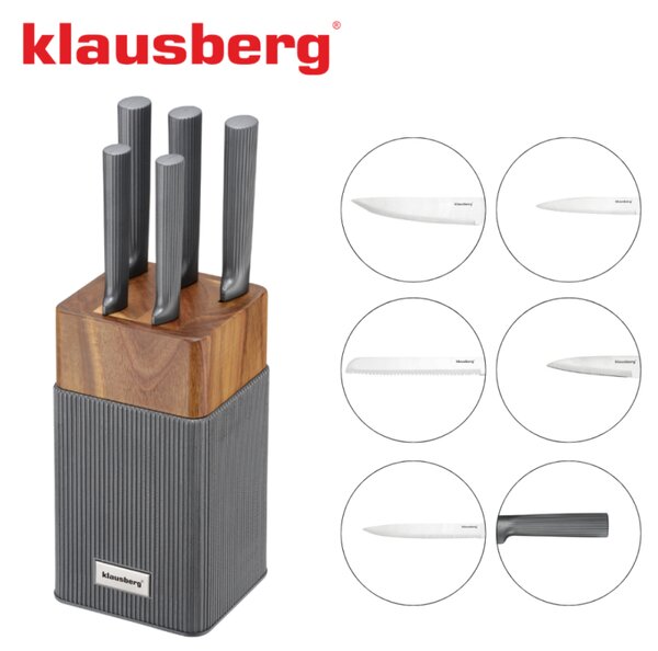Комплект ножове Klausberg KB 7982, 6 части, Неръждаема стомана, Стойка от акациево дърво, Графит/кафяв