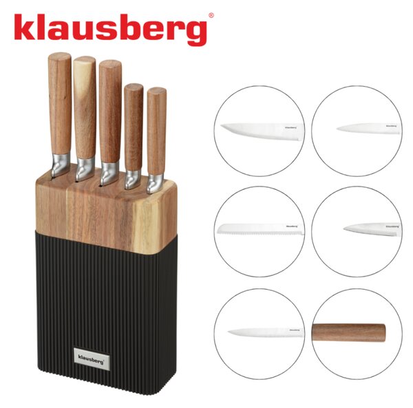 Комплект ножове Klausberg KB 7981, 6 части, Неръждаема стомана, Стойка, Кафяв/графит
