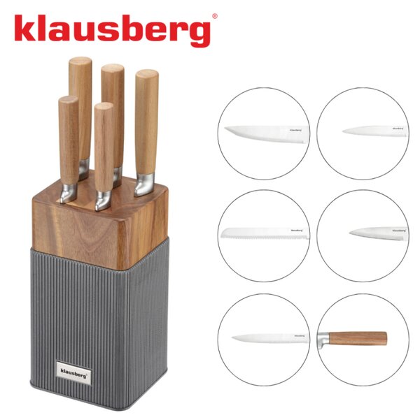 Комплект ножове Klausberg KB 7983, 6 части, Неръждаема стомана, Стойка от акациево дърво, Кафяв/графит