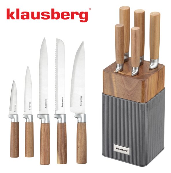 Комплект ножове Klausberg KB 7983, 6 части, Неръждаема стомана, Стойка от акациево дърво, Кафяв/графит