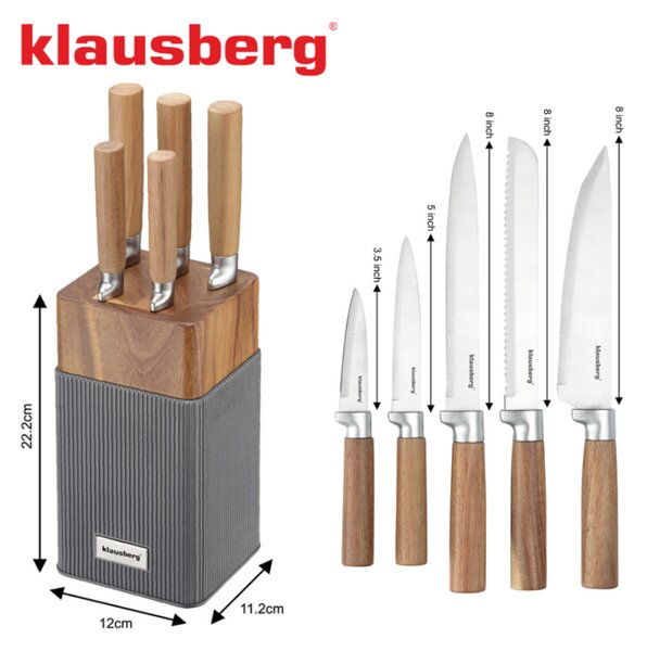 Комплект ножове Klausberg KB 7983, 6 части, Неръждаема стомана, Стойка от акациево дърво, Кафяв/графит