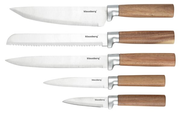 Комплект ножове Klausberg KB 7983, 6 части, Неръждаема стомана, Стойка от акациево дърво, Кафяв/графит