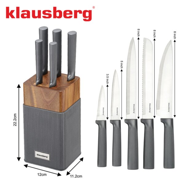 Комплект ножове Klausberg KB 7982, 6 части, Неръждаема стомана, Стойка от акациево дърво, Графит/кафяв
