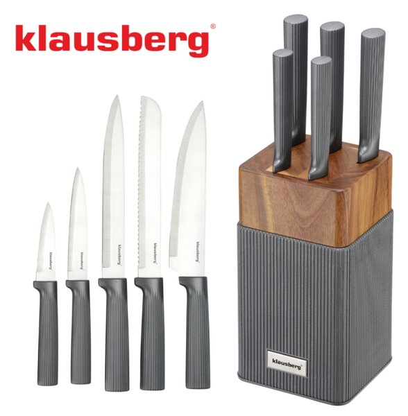Комплект ножове Klausberg KB 7982, 6 части, Неръждаема стомана, Стойка от акациево дърво, Графит/кафяв
