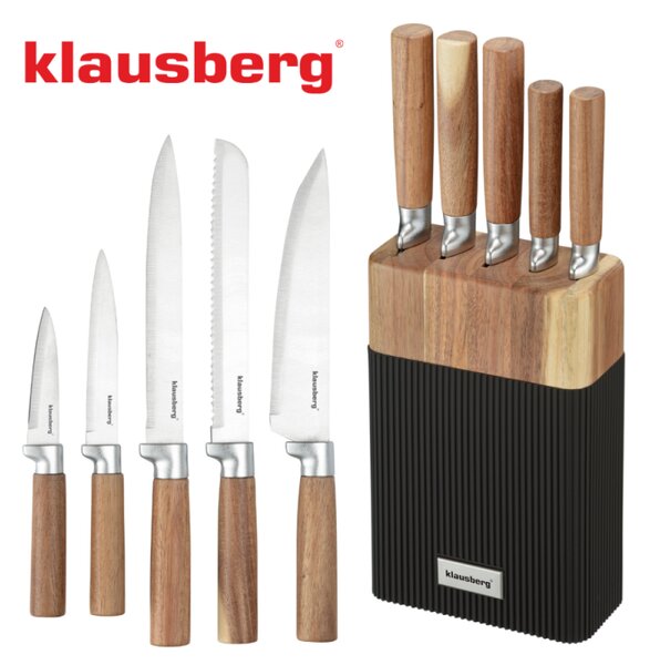 Комплект ножове Klausberg KB 7981, 6 части, Неръждаема стомана, Стойка, Кафяв/графит
