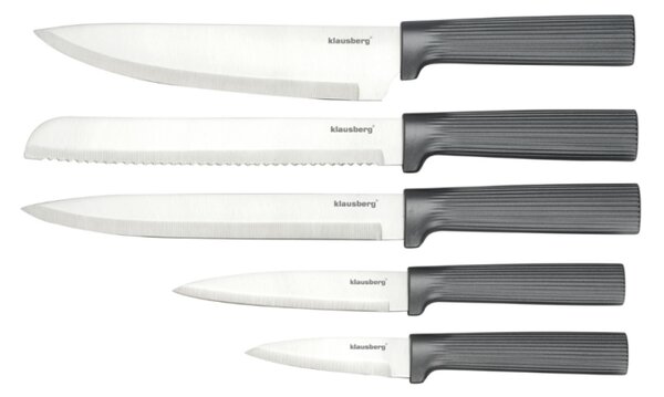 Комплект ножове Klausberg KB 7982, 6 части, Неръждаема стомана, Стойка от акациево дърво, Графит/кафяв