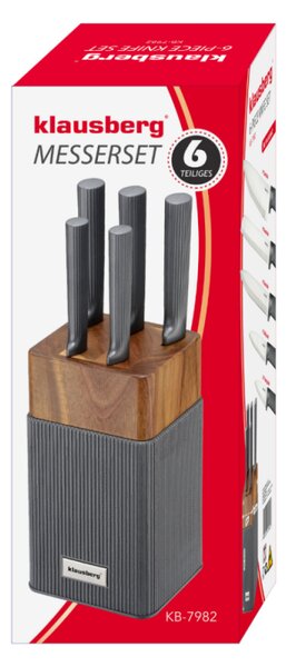 Комплект ножове Klausberg KB 7982, 6 части, Неръждаема стомана, Стойка от акациево дърво, Графит/кафяв