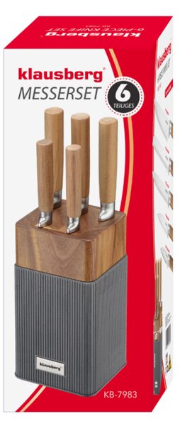 Комплект ножове Klausberg KB 7983, 6 части, Неръждаема стомана, Стойка от акациево дърво, Кафяв/графит