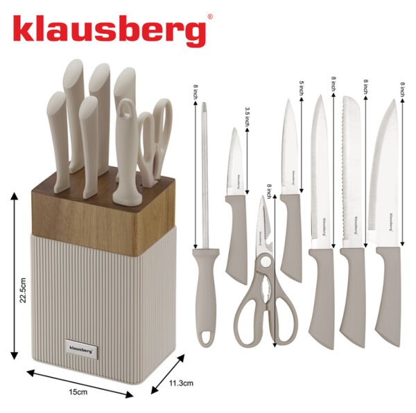 Комплект ножове Klausberg KB 7984, 8 части, Неръждаема стомана, Точило, Стойка от акациево дърво, Бежов/дървесен