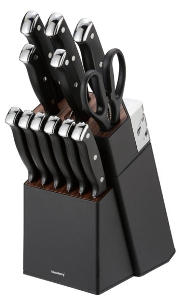 Комплект ножове Klausberg KB 7985, 13 части, Неръждаема стомана, Стойка+точило, Черен