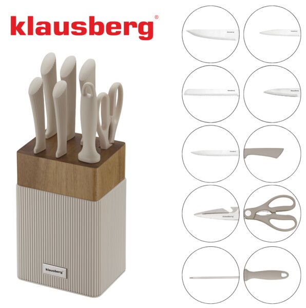 Комплект ножове Klausberg KB 7984, 8 части, Неръждаема стомана, Точило, Стойка от акациево дърво, Бежов/дървесен