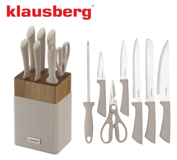 Комплект ножове Klausberg KB 7984, 8 части, Неръждаема стомана, Точило, Стойка от акациево дърво, Бежов/дървесен