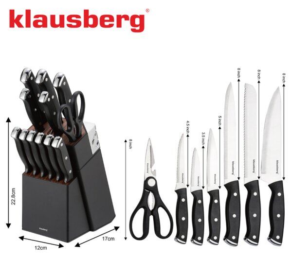Комплект ножове Klausberg KB 7985, 13 части, Неръждаема стомана, Стойка+точило, Черен