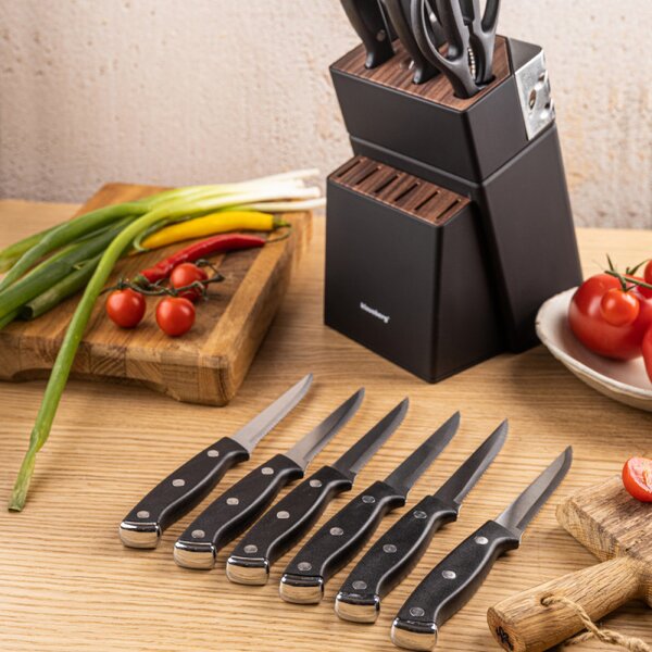 Комплект ножове Klausberg KB 7985, 13 части, Неръждаема стомана, Стойка+точило, Черен