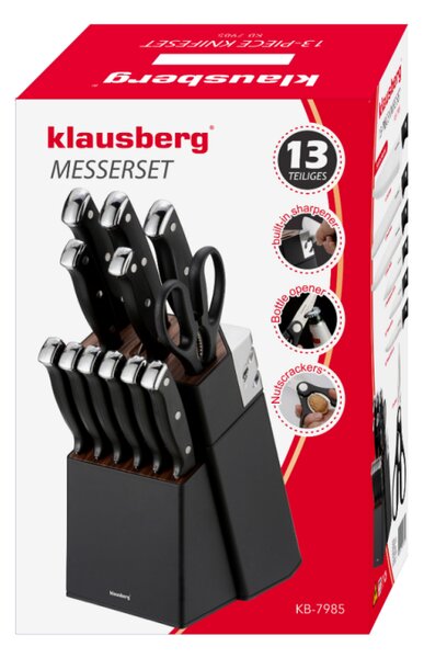 Комплект ножове Klausberg KB 7985, 13 части, Неръждаема стомана, Стойка+точило, Черен