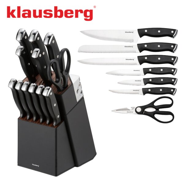 Комплект ножове Klausberg KB 7985, 13 части, Неръждаема стомана, Стойка+точило, Черен