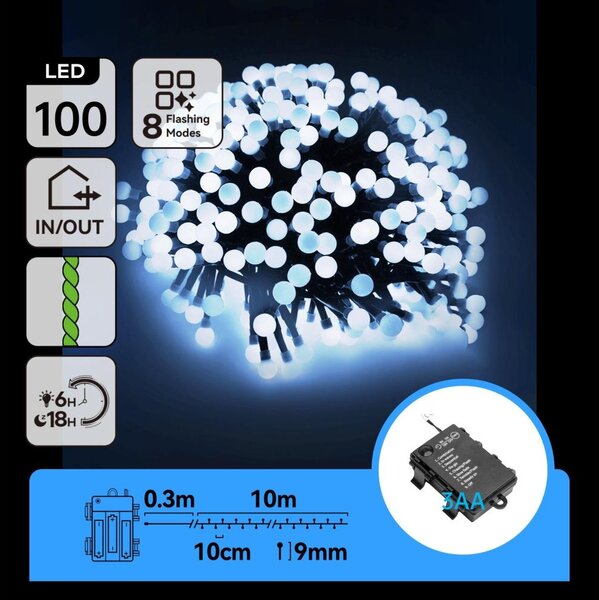 Aigostar - LED външна коледна гирлянда 100xLED/8 функции 3xAA 10,3m IP44 студено бяла